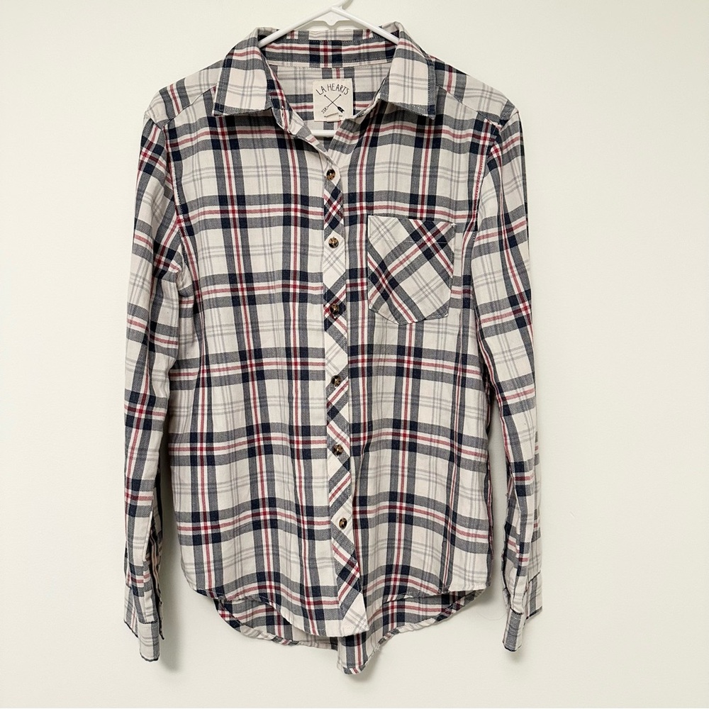 LA Hearts Pacsun Red, Grey and Blue Plaid Shirt Super Soft Women's Medium